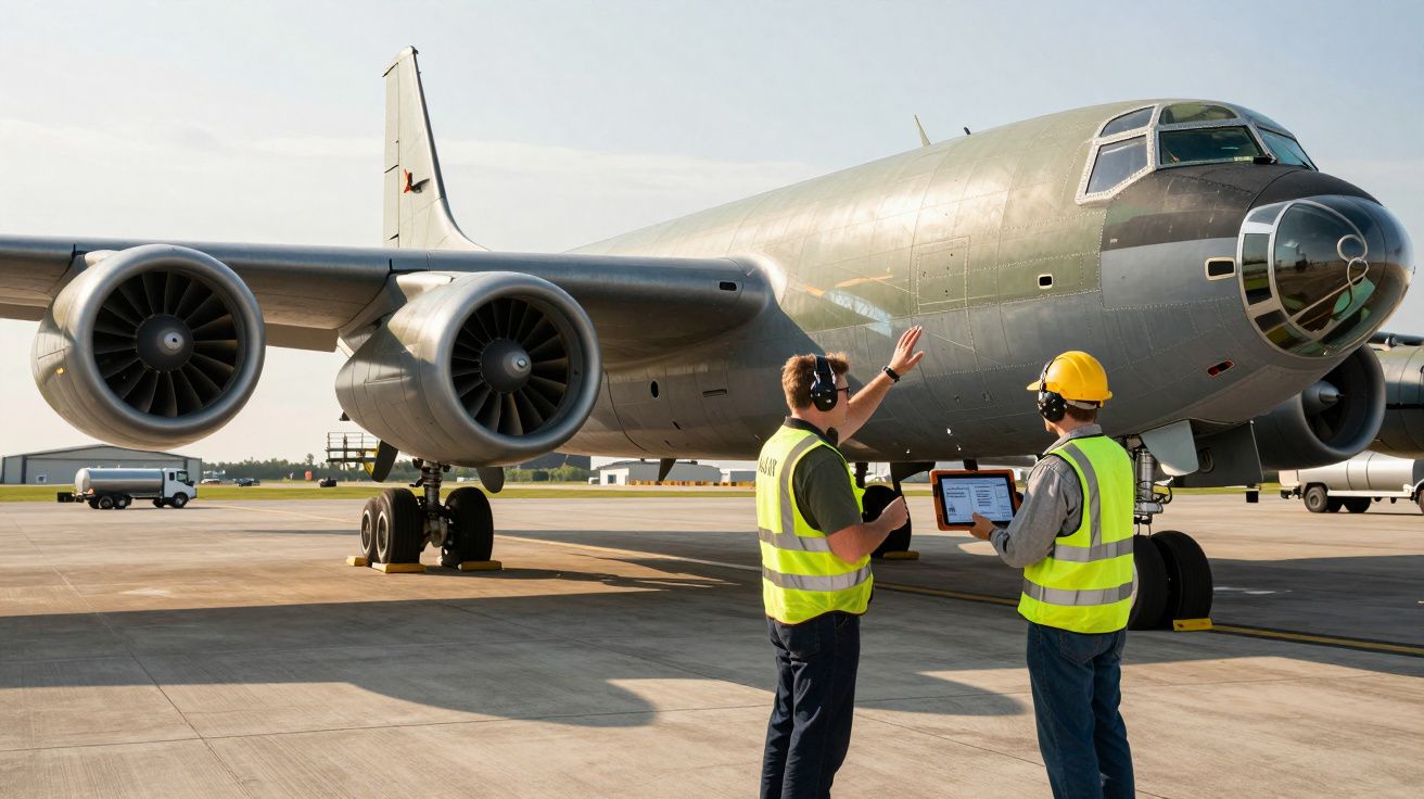 Dois técnicos com coletes refletivos verificam um avião militar estático numa pista de aeroporto.