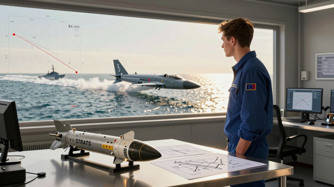 Jovem em uniforme observa jato e navio numa janela com gráfico, com modelo de míssil na mesa à frente.