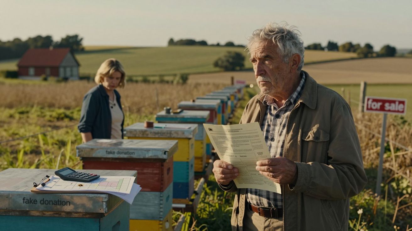 Idoso e mulher junto a colmeias coloridas num campo, homem lê documento com placa de venda ao fundo.