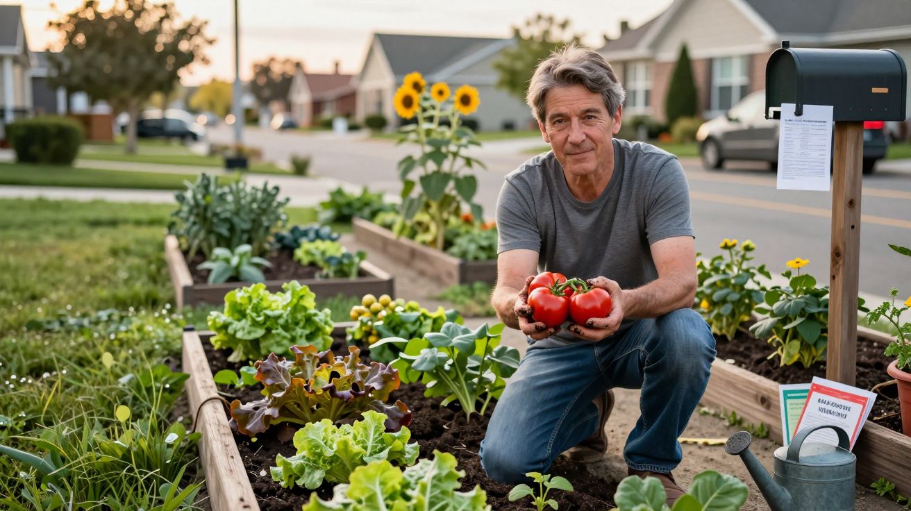 Homem com roupa casual mostra tomates maduros colhidos numa horta urbana ao entardecer.