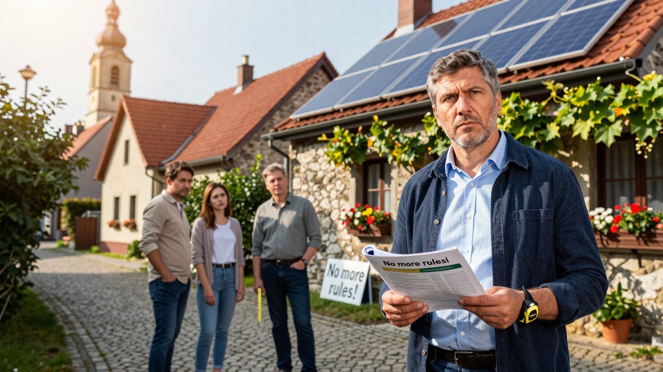 Homem com expressão séria segura folha "No more rules!" em rua de vila com outras três pessoas e casas ao fundo.