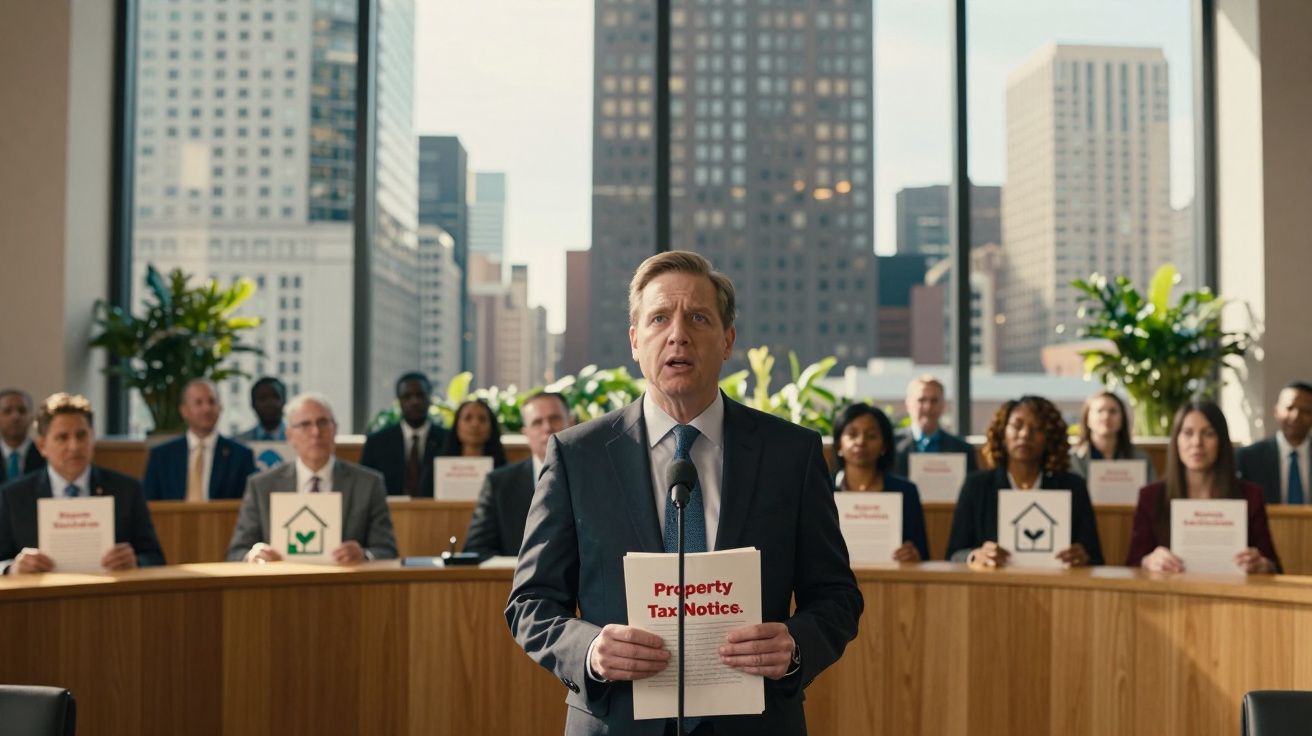 Homem de fato fala ao microfone segurando aviso de imposto sobre propriedade em audiência pública com painel atrás.