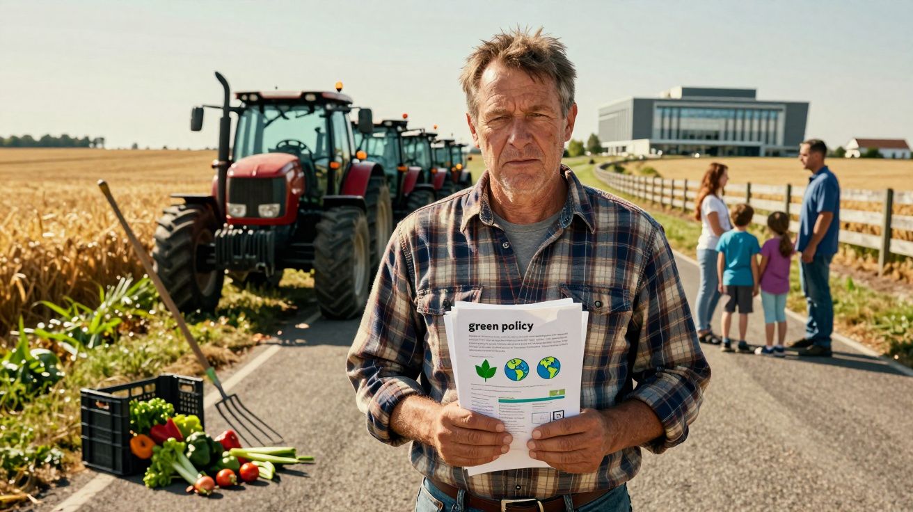 Agricultor segurando folhetos sobre política verde com tractor e família ao fundo numa estrada rural.