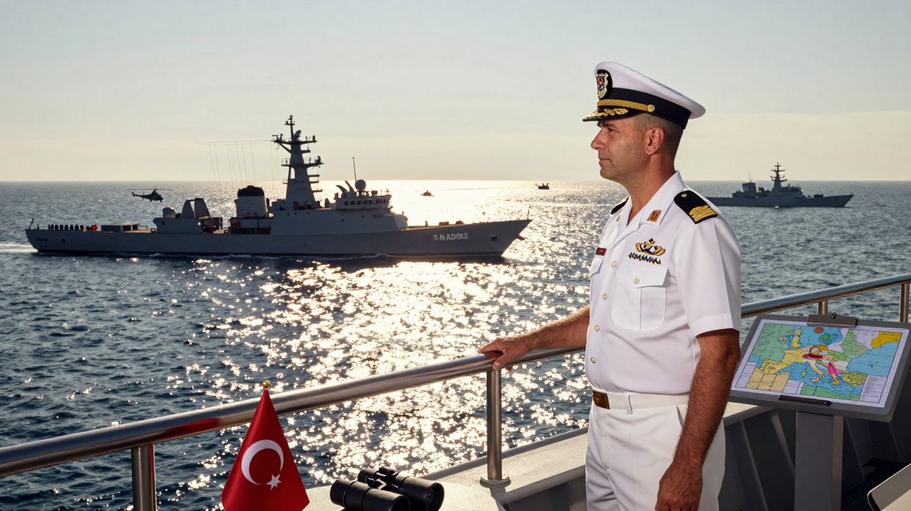 Oficial naval em farda branca observa mar com navios e helicóptero ao fundo, bandeira da Turquia visível.