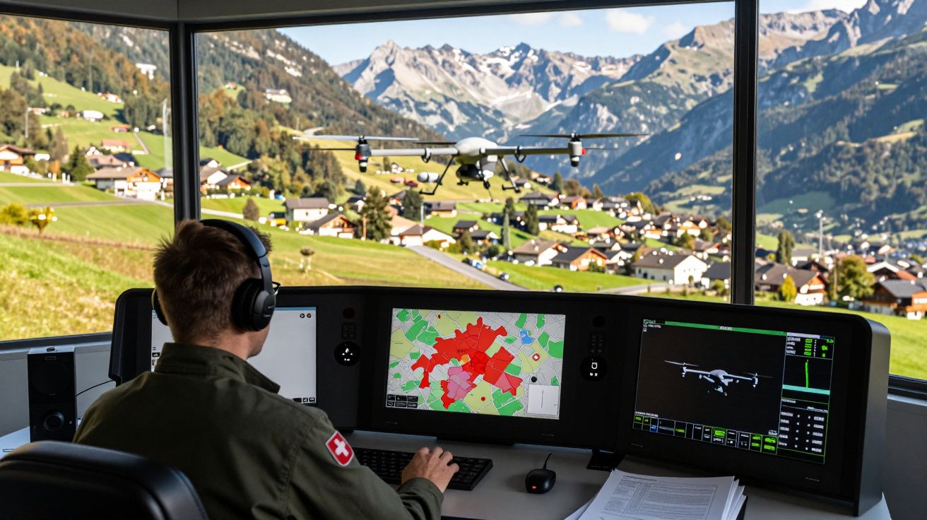 Pessoa a controlar drone num centro de operações com montanhas e vila ao fundo durante o dia.