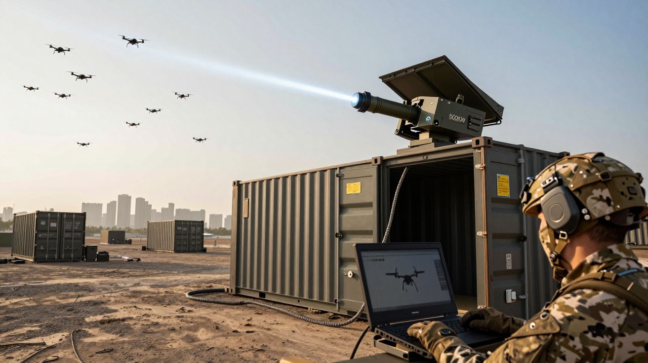 Soldado com equipamento militar opera portátil perto de container com sistema laser a direcionar luz para drones no céu.