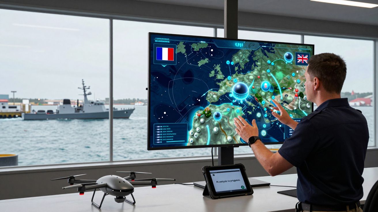 Homem a analisar mapa digital estratégico em ecrã com drone e navio visíveis ao fundo numa sala junto ao mar.