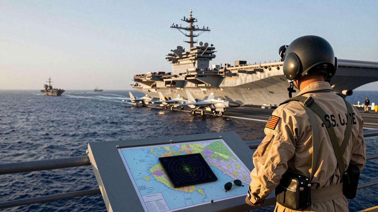 Homem com capacete observa porta-aviões e radar no convés durante operação naval ao pôr do sol.
