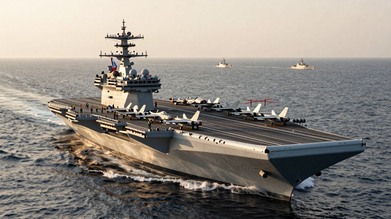 Porta-aviões militar em mar aberto com vários caças estacionados no convés durante o pôr do sol.