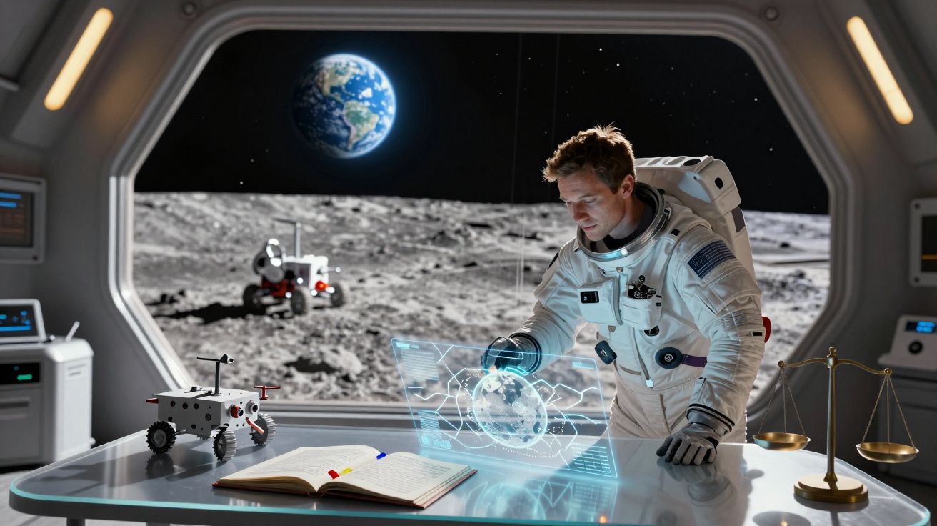 Astronauta dentro de base lunar interage com holograma enquanto a Terra é visível pela janela.