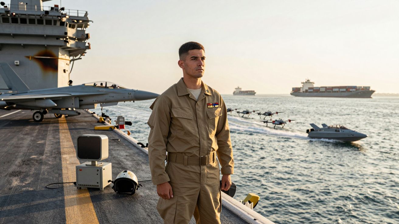 Militar em uniforme bege numa base naval com avião de combate, drones e navios de carga no mar ao fundo.