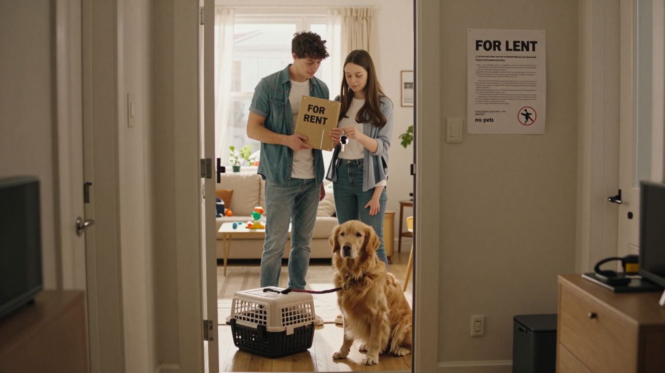 Casal jovem com cão e caixa de transporte diante de casa com placa "For Rent" na parede.