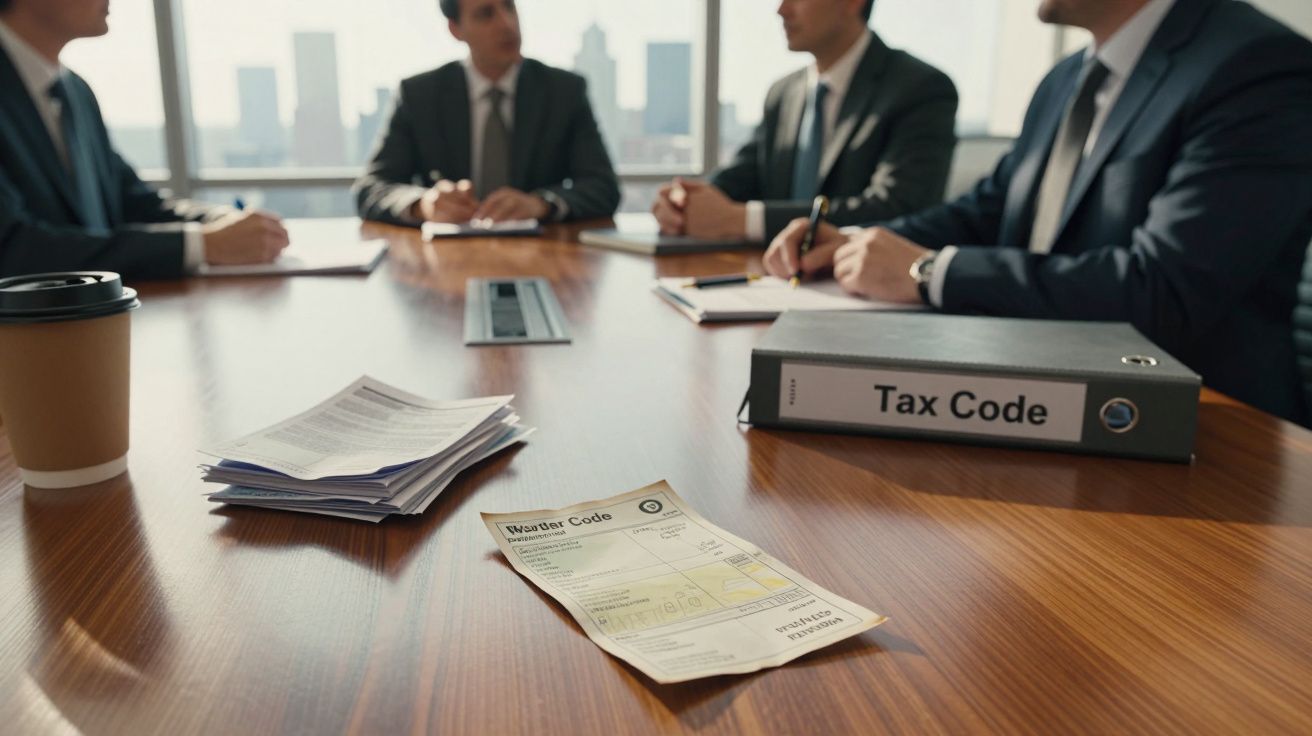 Três homens de fato reunidos numa mesa de escritório com documentos e um arquivo rotulado Tax Code.