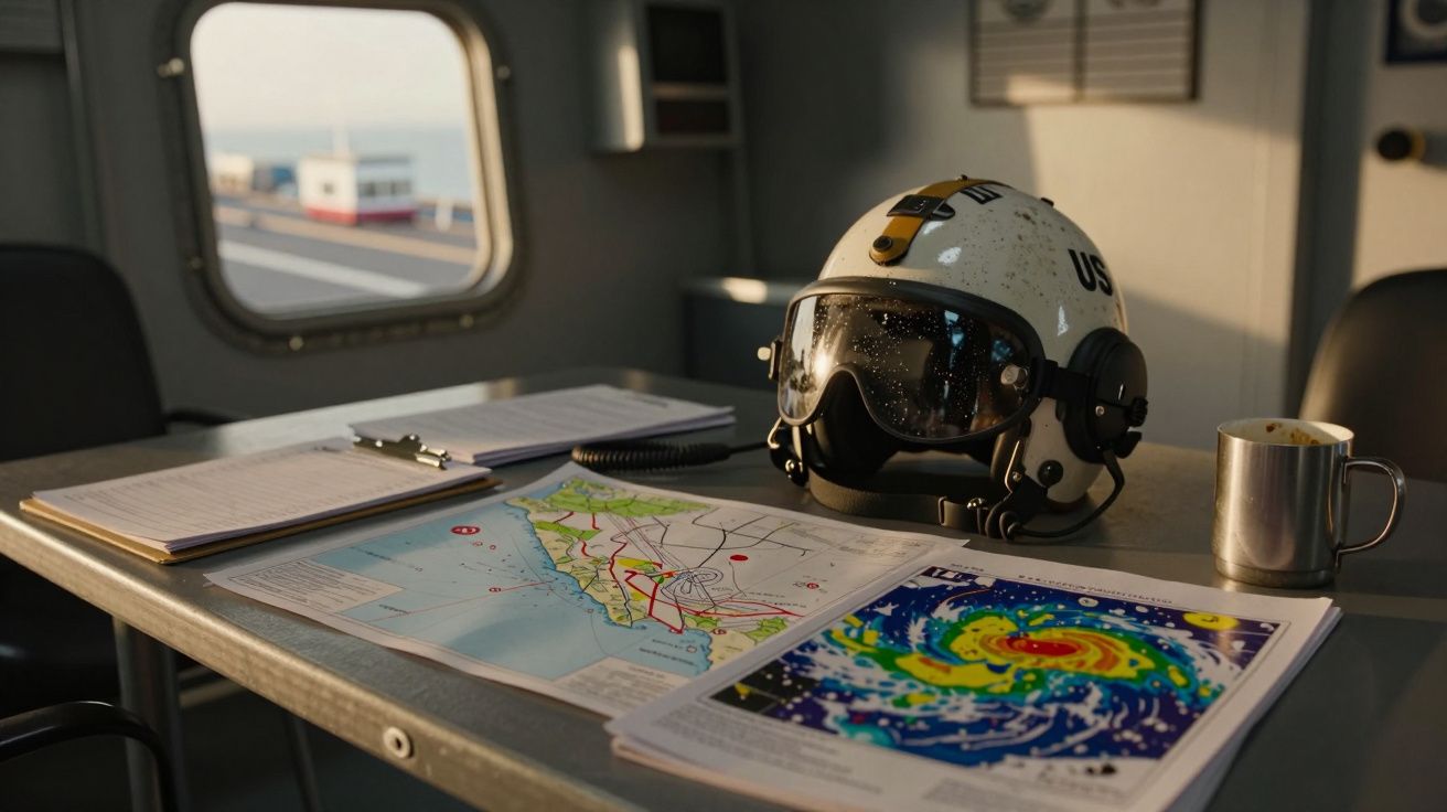 Mesa com mapa, gráfico meteorológico, capacete de piloto, caderno e caneca numa cabine iluminada.