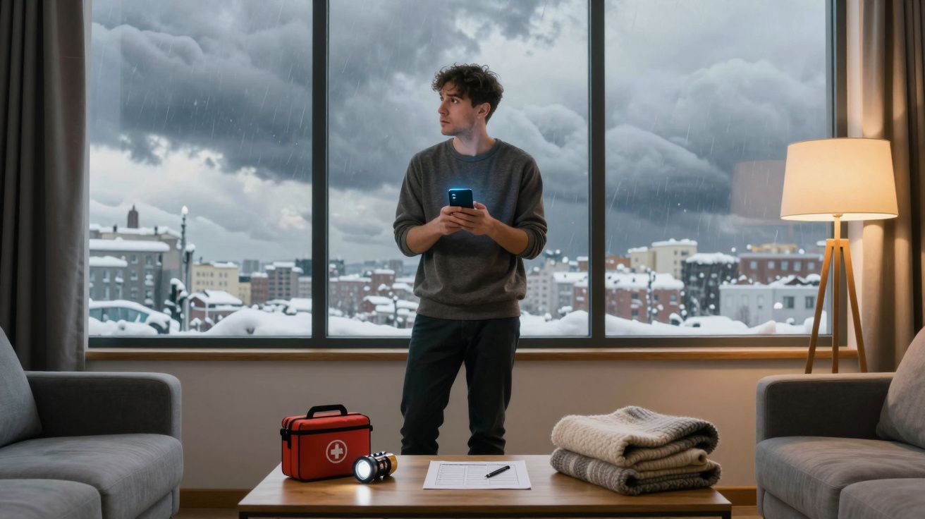 Homem dentro de casa a olhar pela janela, segurando telemóvel, com céu nublado e neve lá fora.