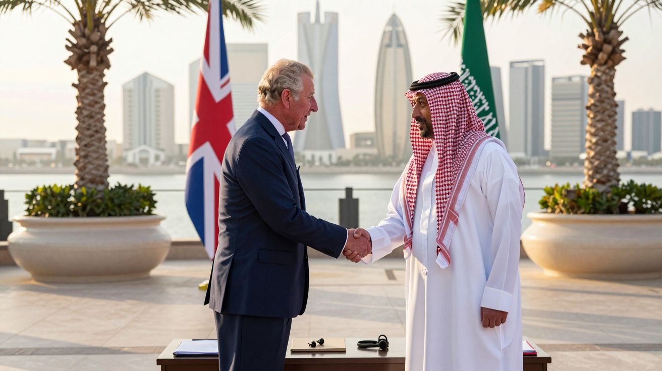 Dois homens a cumprimentarem-se ao ar livre com bandeiras do Reino Unido e da Arábia Saudita ao fundo.