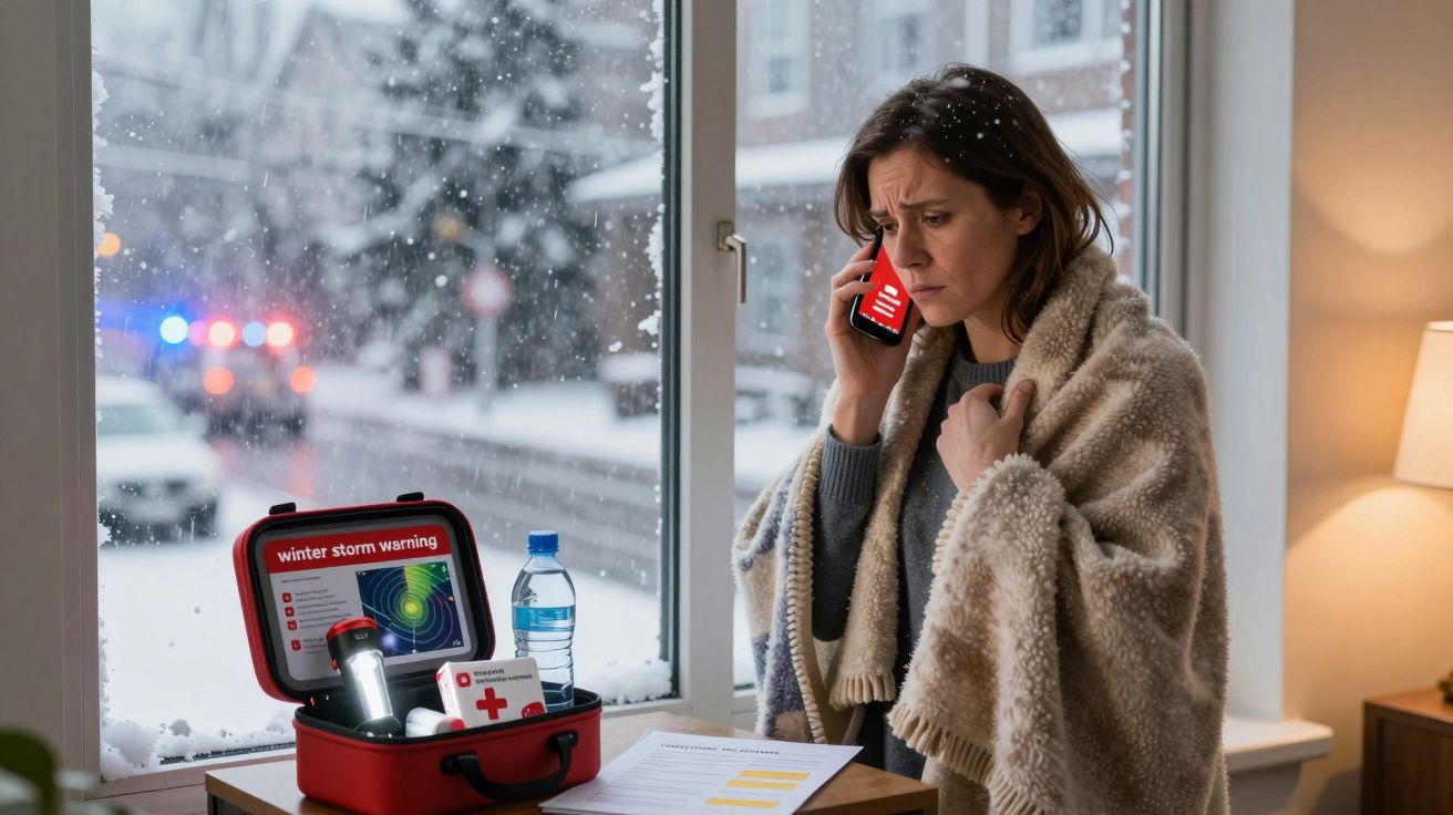 Mulher preocupada fala ao telemóvel junto a janela com neve, com kit de emergência e alerta de tempestade na mesa.