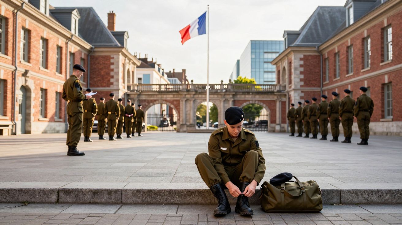 Soldados franceses em uniformes verdes, alinhados num pátio com bandeira da França ao centro.
