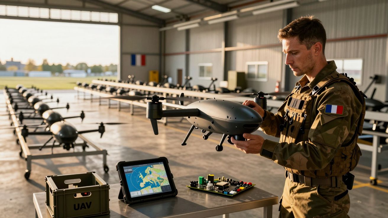 Soldado francês num armazém a preparar um drone militar para voo, com equipamentos tecnológicos sobre a mesa.