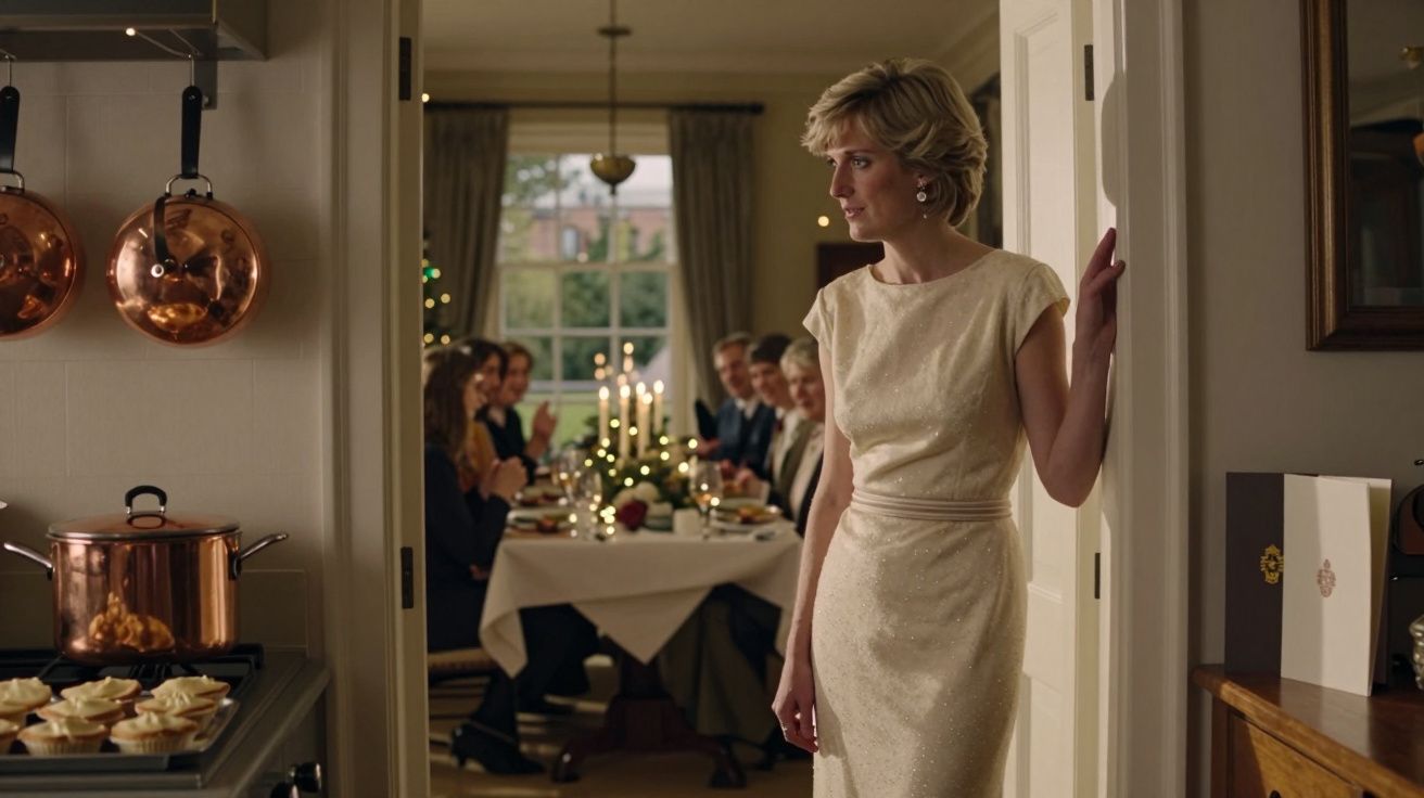 Mulher loira com vestido bege encostada numa porta, com grupo de pessoas sentado à mesa decorada com velas ao fundo.