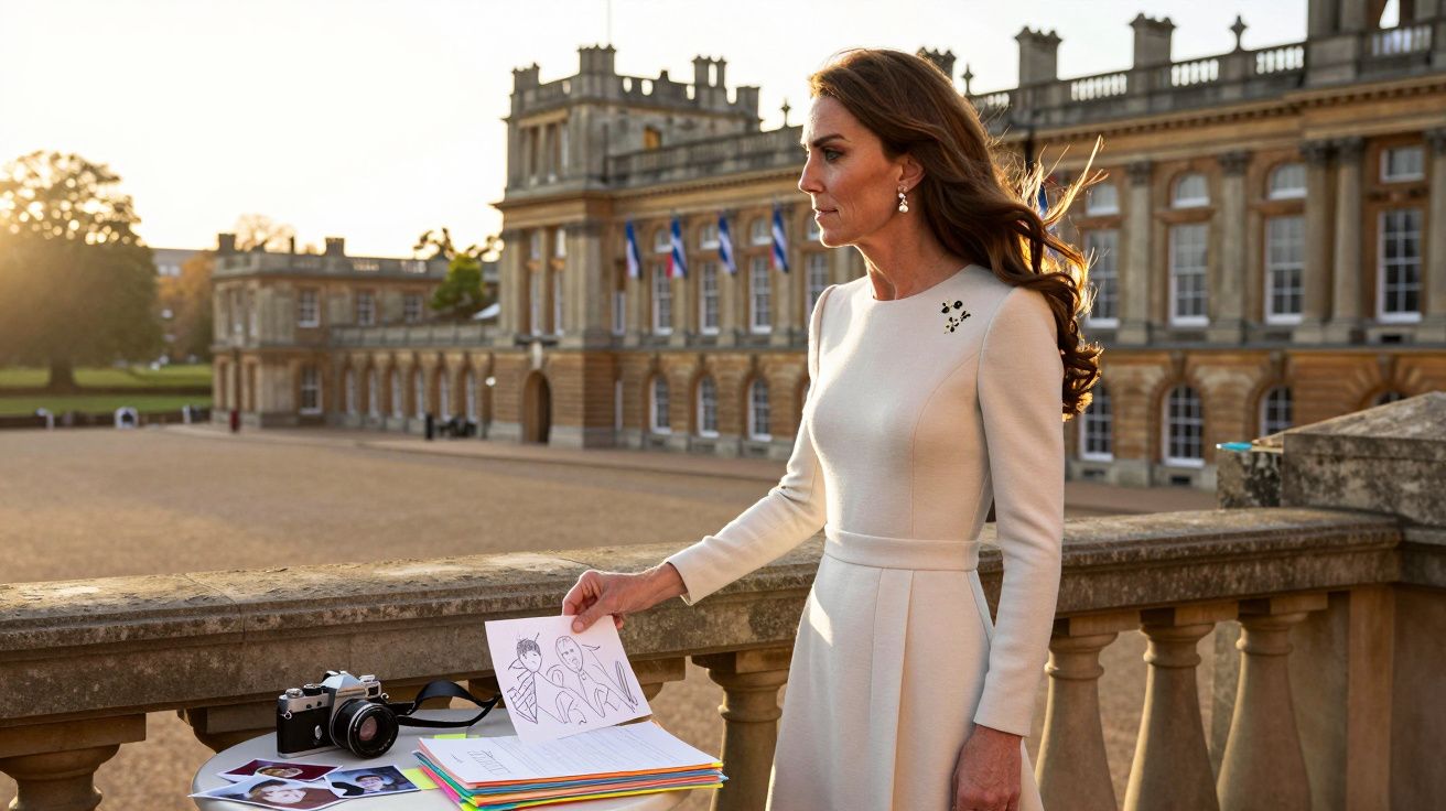 Mulher de vestido branco segura desenho, ao ar livre perto de edifício histórico ao pôr do sol.