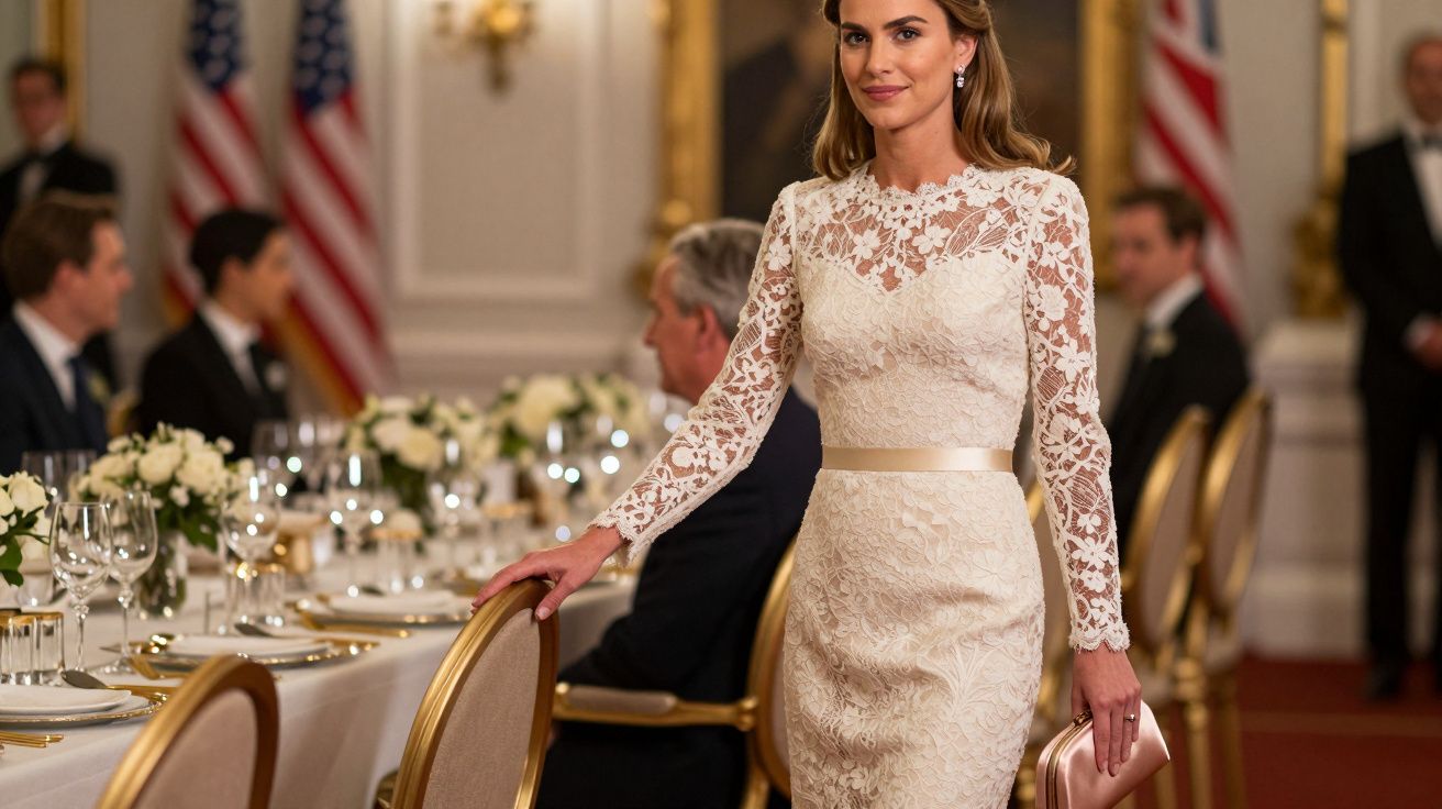 Mulher de vestido branco rendado posando num salão elegante com decoração formal e bandeiras ao fundo.