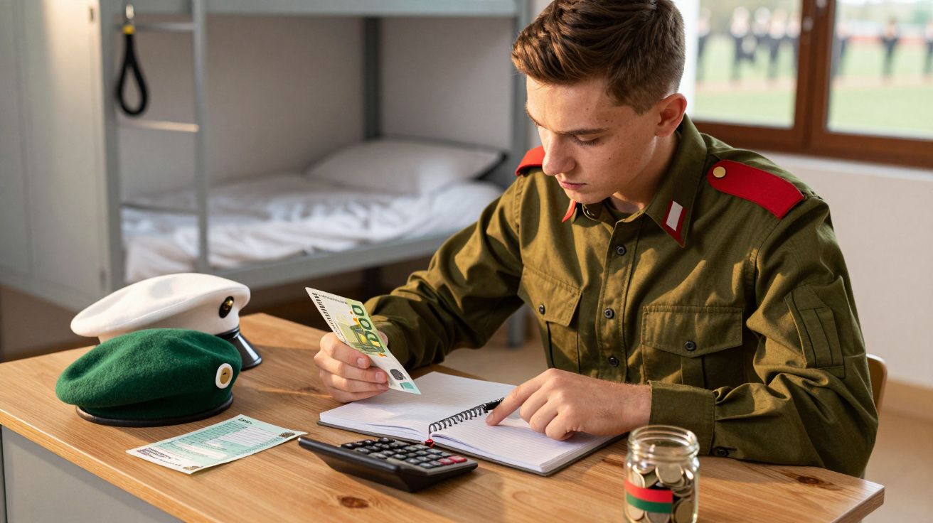 Jovem militar em uniforme verde a estudar com caderno, calculadora e notas numa mesa de madeira.