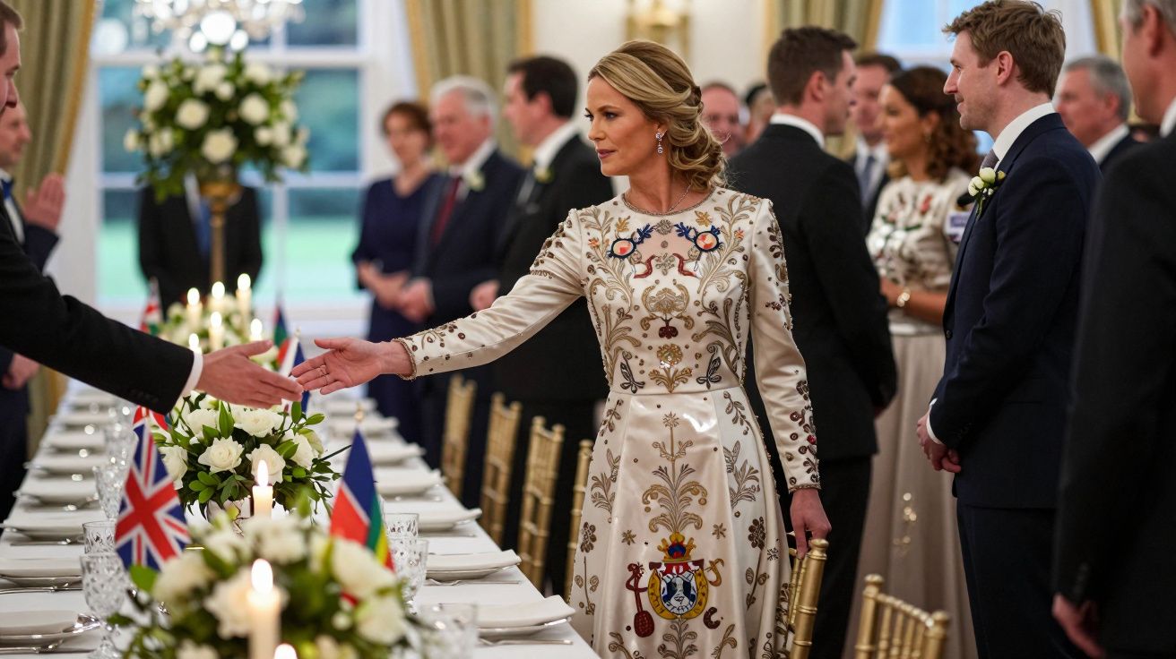 Mulher com vestido bordado cumprimenta homem numa cerimónia formal à mesa decorada com flores e bandeiras.