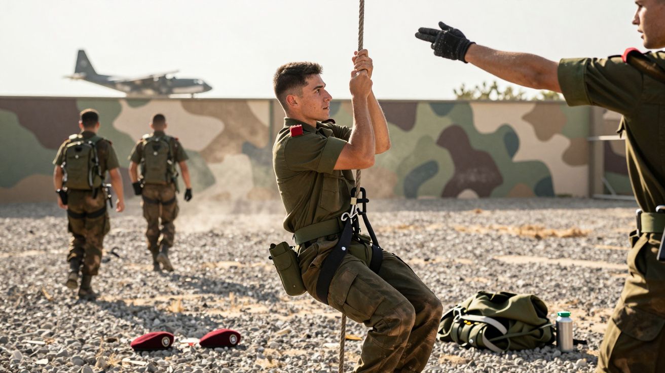 Soldados em treino militar com avião a descolar ao fundo, numa superfície pedregosa.