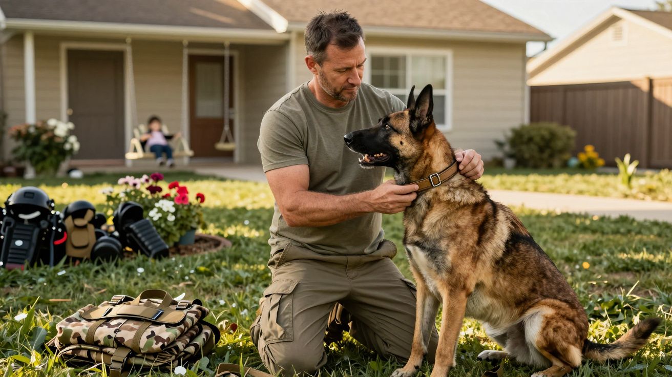 Homem ajoelhado no jardim a colocar coleira num cão pastor alemão sentando-se ao seu lado.