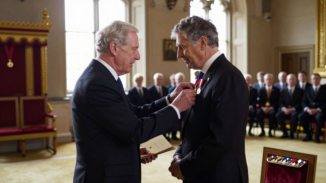 Cerimónia formal onde um homem idoso coloca uma medalha no peito de outro homem, com várias pessoas sentadas ao fundo.