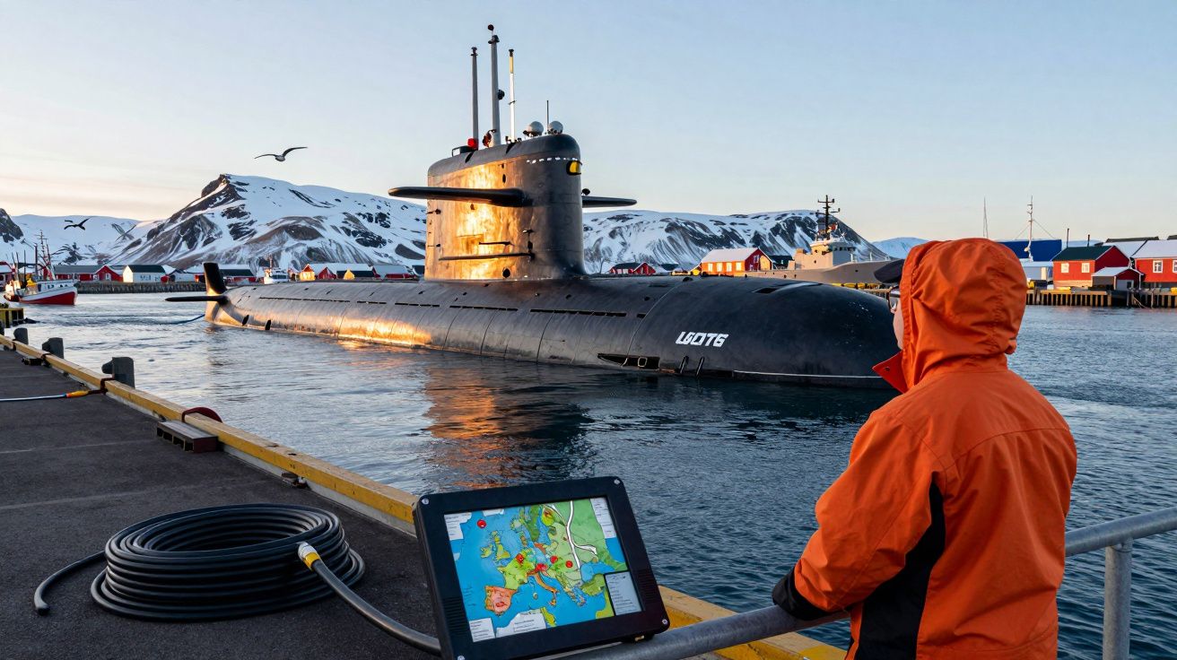 Submarino junto ao cais com montanhas nevadas ao fundo e pessoa de casaco laranja a observar.