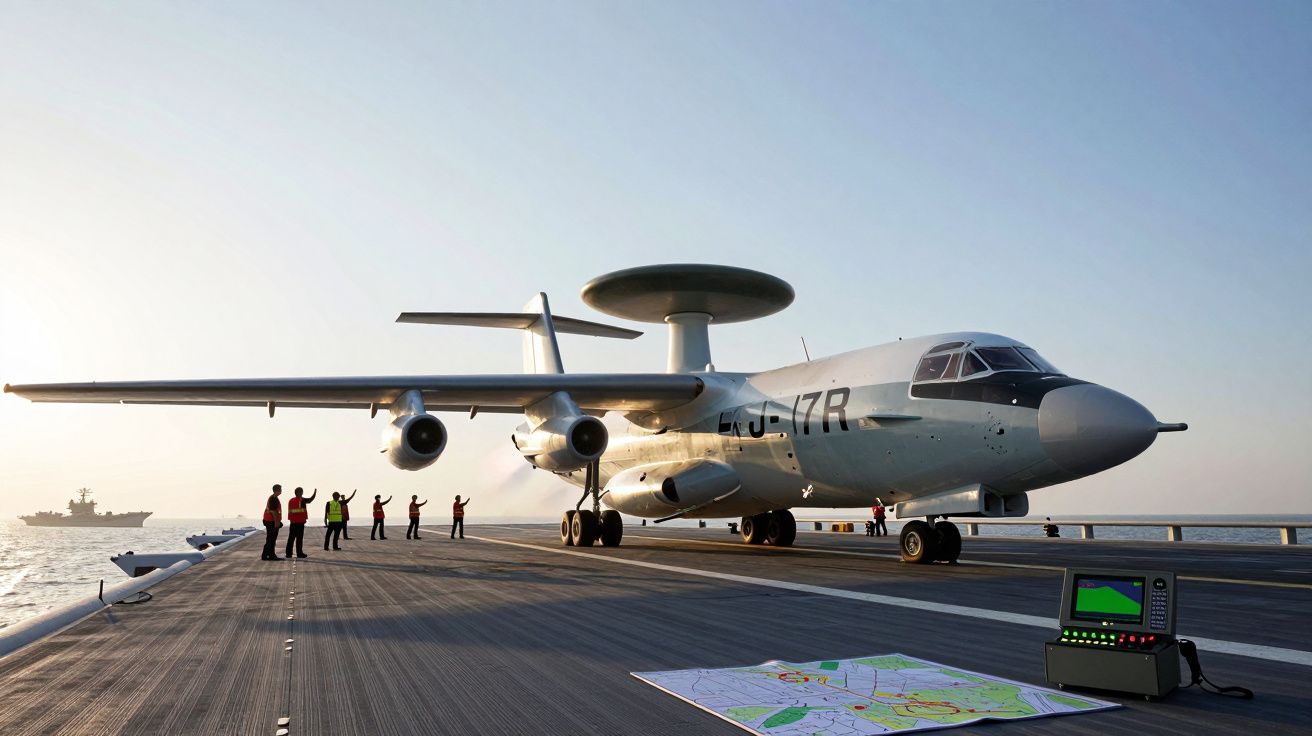 Avião militar E-3 AWACS pousado em porta-aviões com tripulação a orientar e equipamento radar visível.