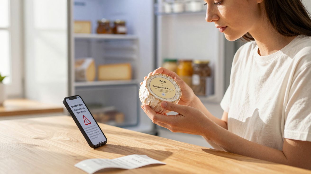 Mulher com camisa branca verifica rótulo de queijo junto de alertas de segurança no telemóvel, perto do frigorífico aberto.