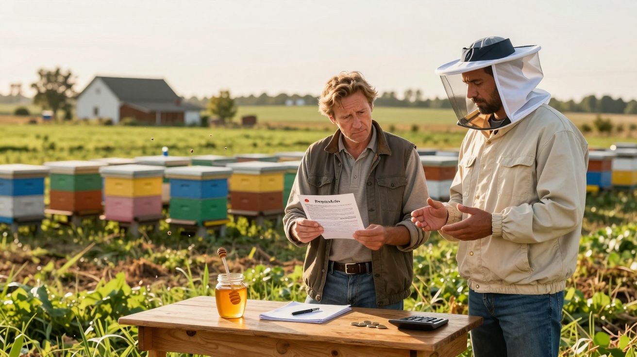 Dois apicultores conversam junto a colmeias coloridas num campo, com um frasco de mel sobre a mesa de madeira.
