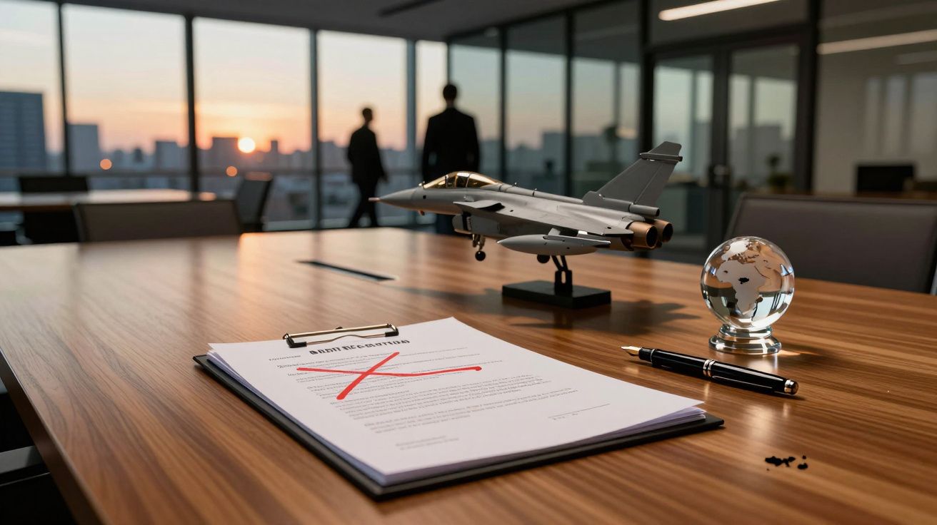 Documento com um grande X vermelho, modelo de avião e globo de cristal numa mesa de reunião.