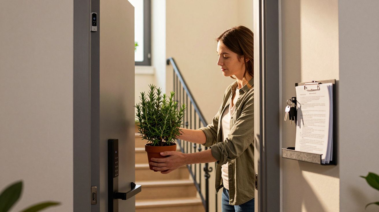 Mulher a colocar planta em vaso fora da porta de casa num prédio com escadas ao fundo.