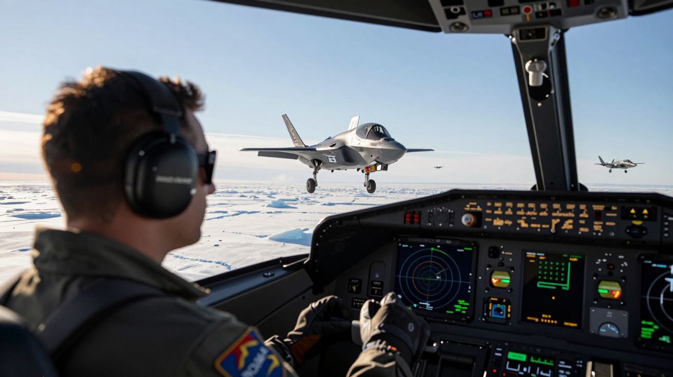 Piloto militar no cockpit com fones, a observar dois caças F-35 a voar sobre gelo e água.