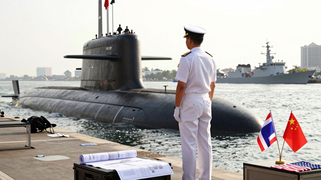 Oficial naval em uniforme branco observa um submarino atracado no cais com bandeiras da Tailândia, China e EUA.