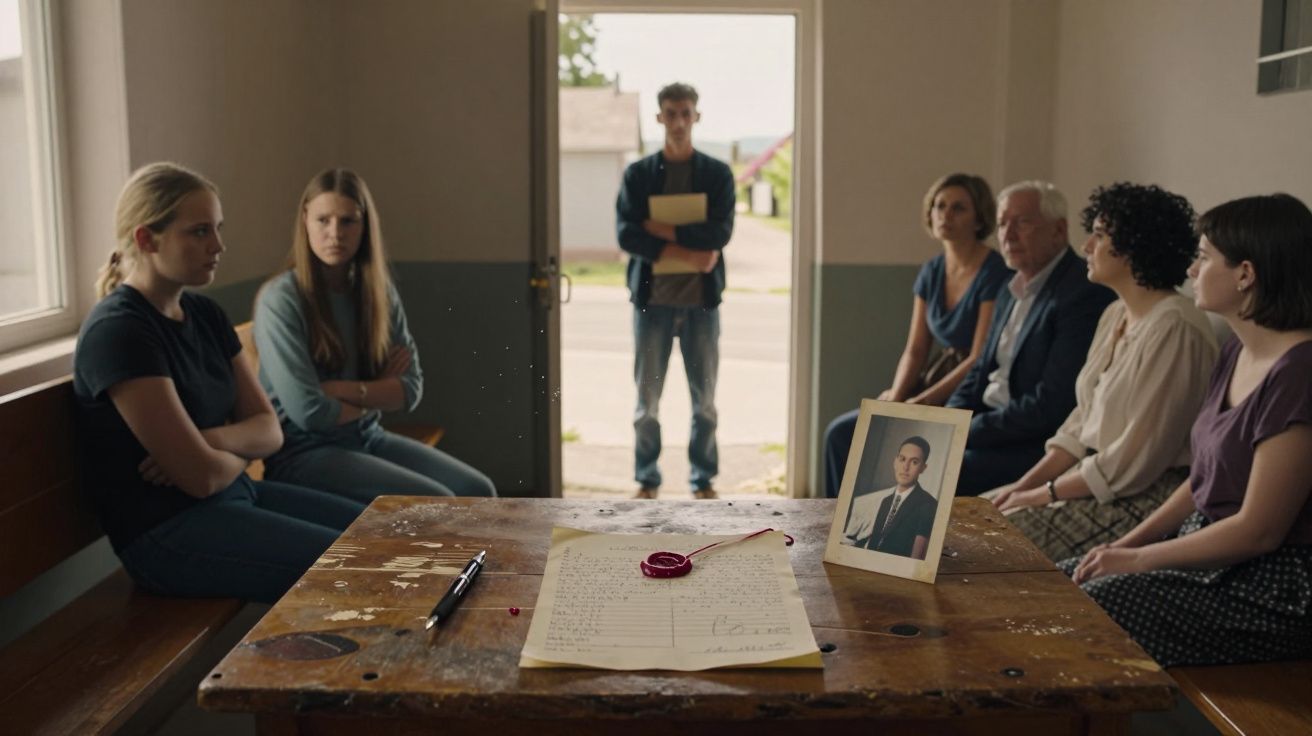 Família sentada em silêncio numa sala com mesa onde está uma carta e uma foto de homem.