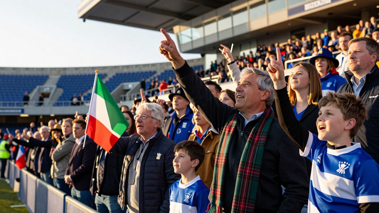 Pessoas num estádio a torcer, com uma delas a segurar uma bandeira da Itália.