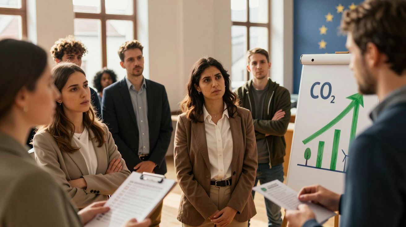 Grupo de pessoas numa reunião a discutir gráfico de aumento de CO2 com foco em sustentabilidade ambiental.