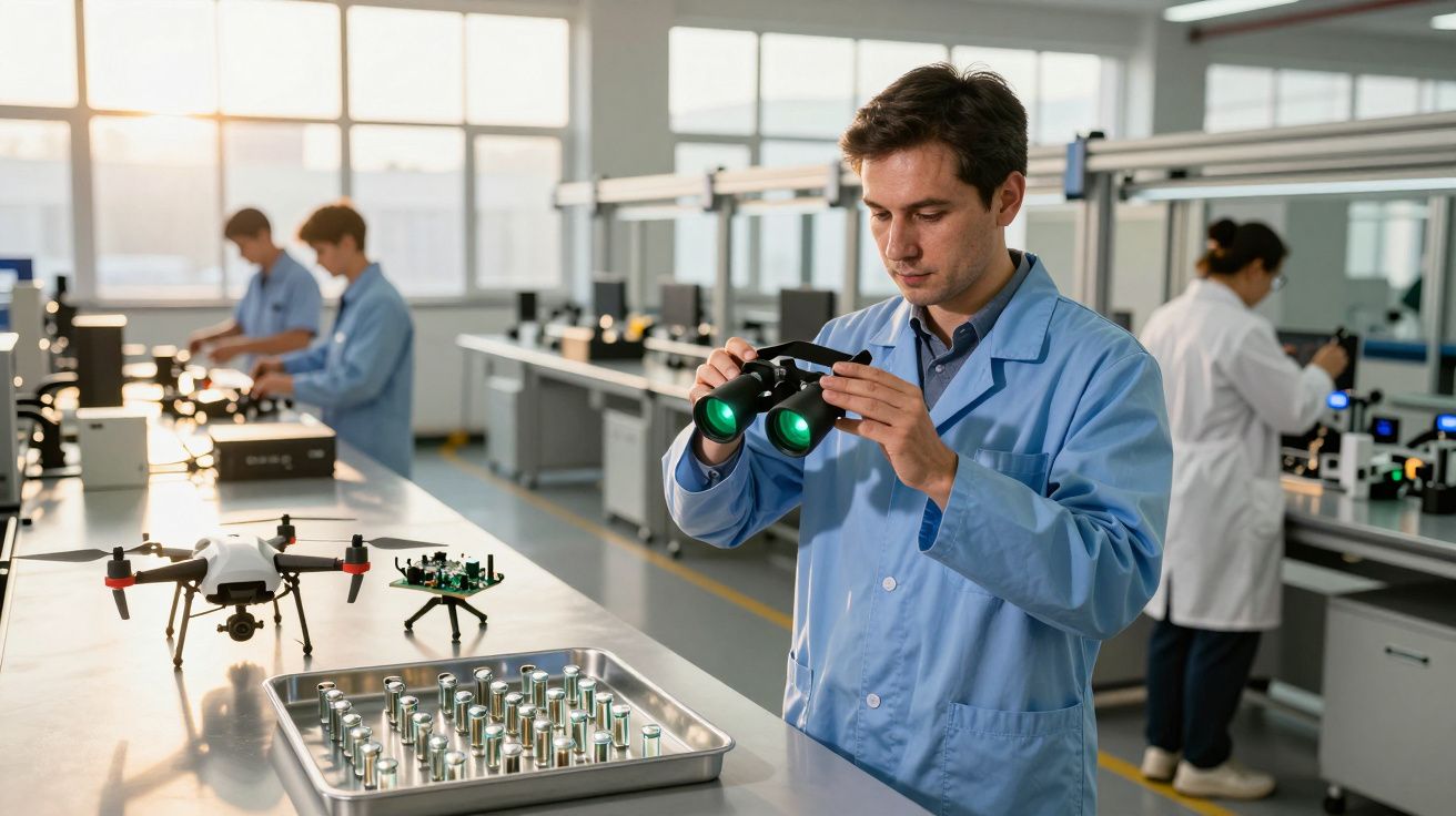 Homem com bata azul a examinar peças eletrónicas com binóculos num laboratório tecnológico.