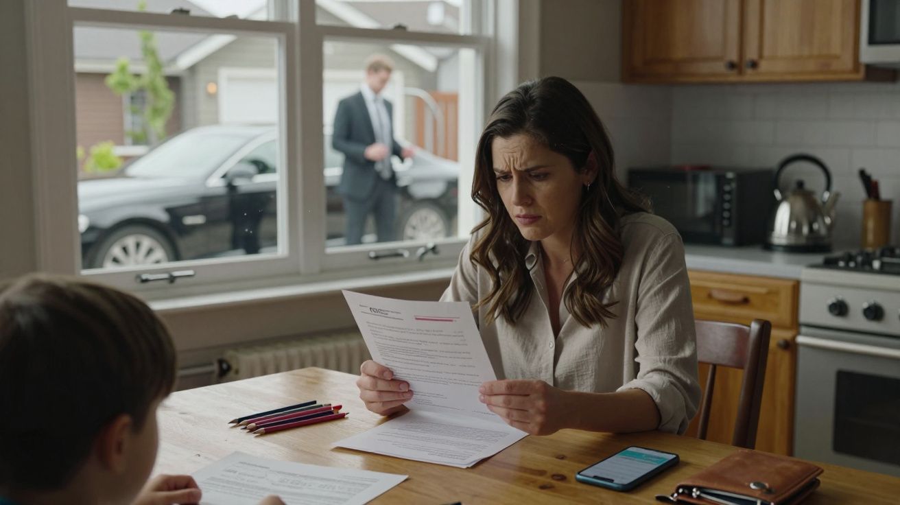 Mulher preocupada lê documento à mesa com criança, homem em fato fora de casa ao fundo.