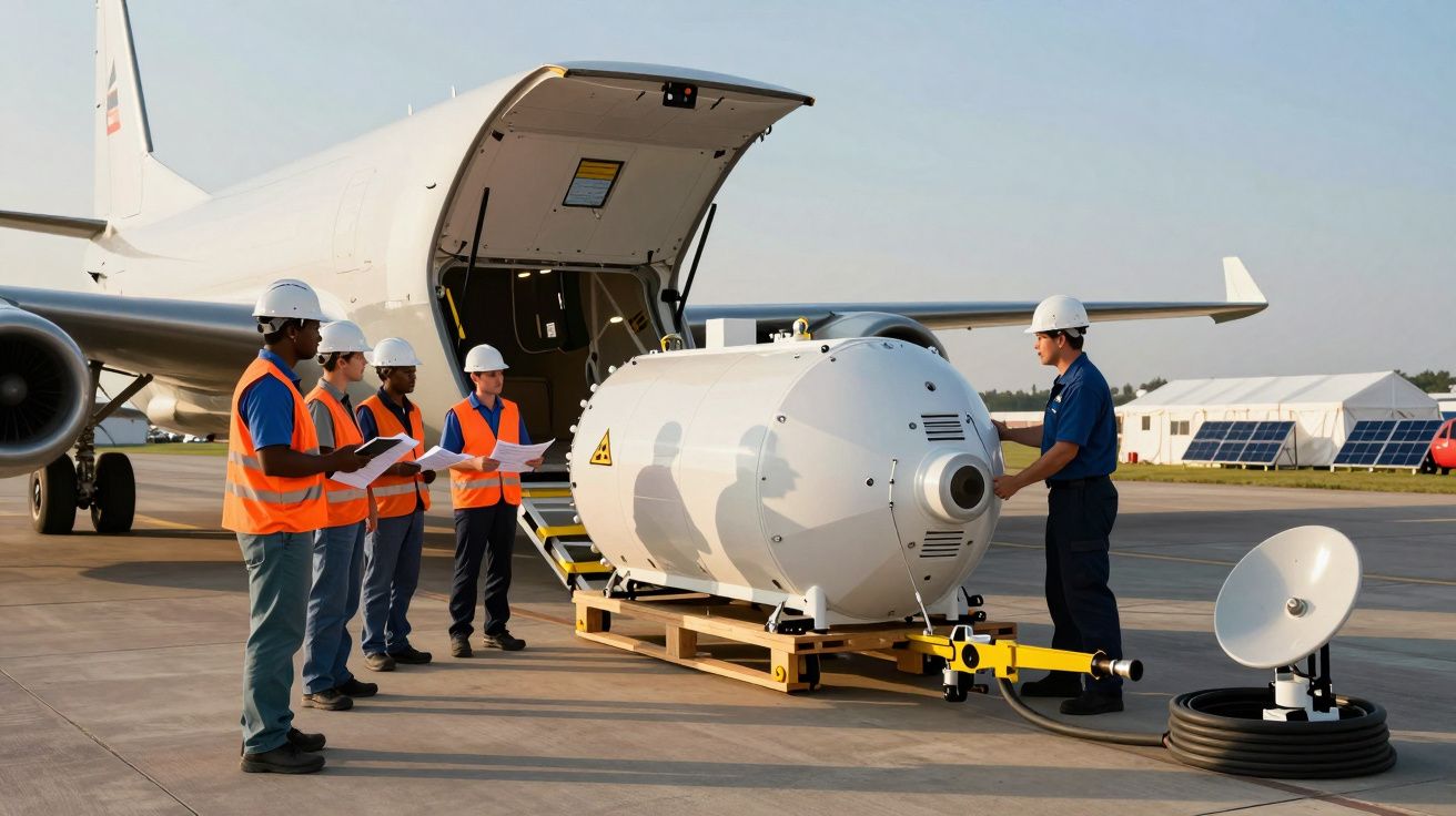 Equipa com capacetes e coletes a refletir inspecciona equipamento grande ao lado de um avião num aeródromo.