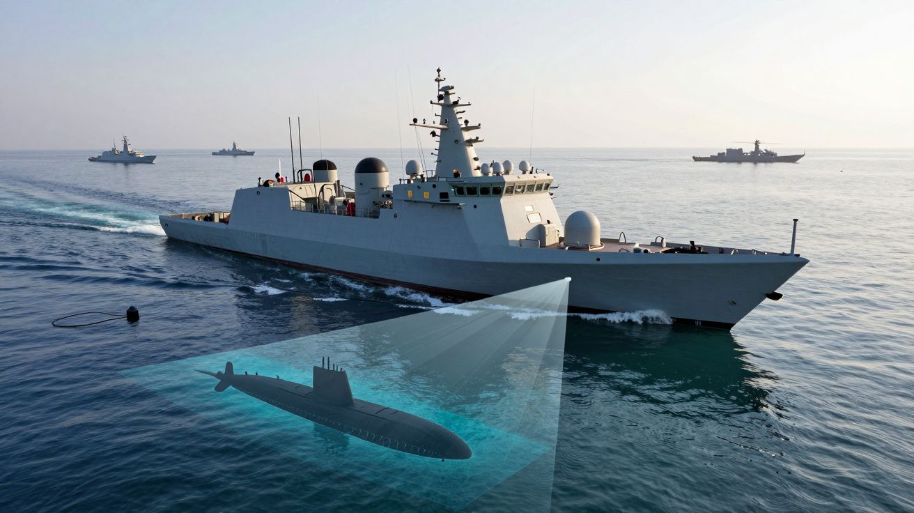 Navio de guerra no mar com ilustração digital de um submarino submerso ao lado.