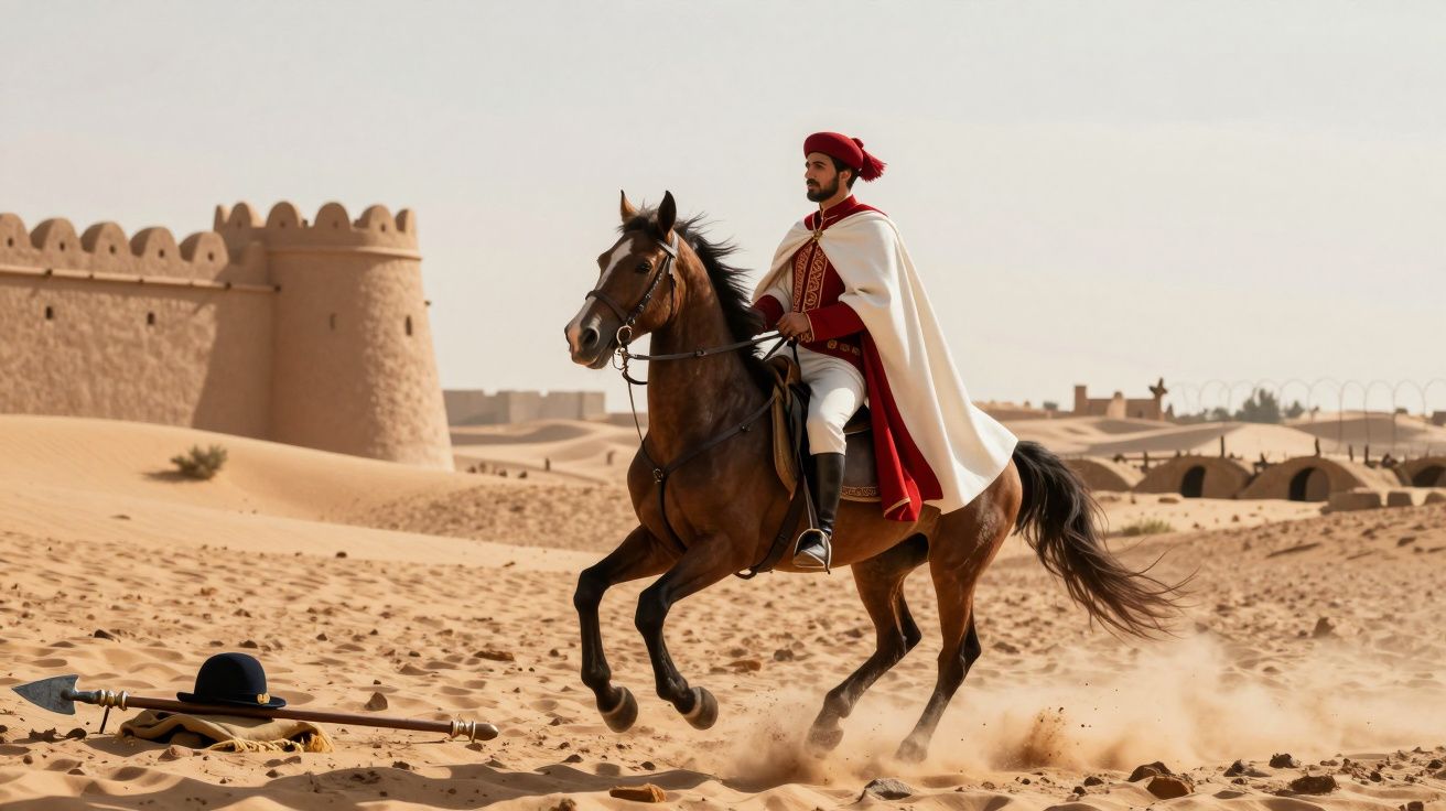 Homem vestido com traje histórico a cavalo no deserto, com castelo de areia ao fundo.
