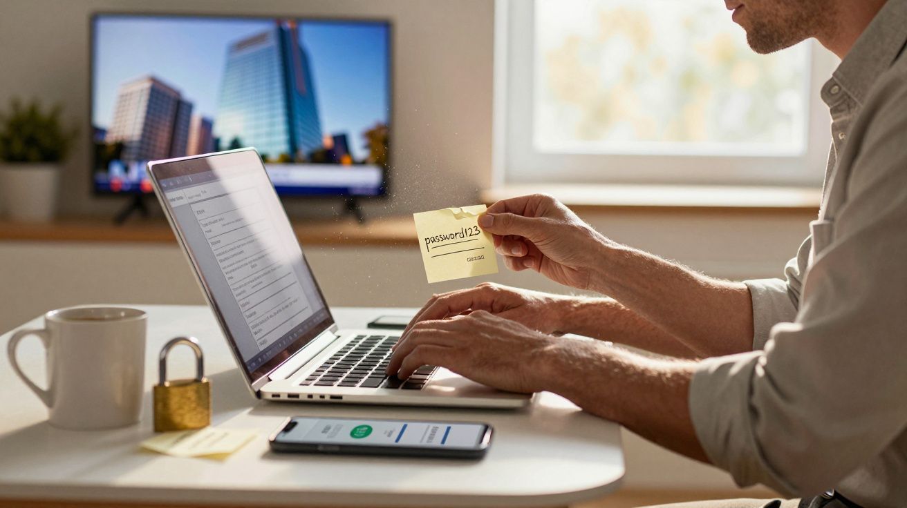 Pessoa a usar portátil com nota autocolante "password123" visível, telemóvel e cadeado na mesa.