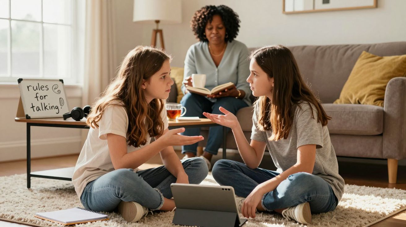 Duas raparigas sentadas no chão a conversar, com uma mulher a ler um livro no sofá ao fundo.