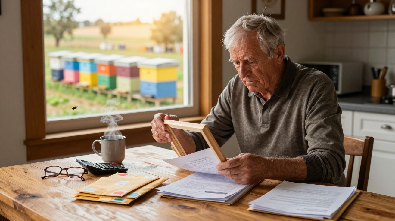 Homem idoso sentado à mesa com documentos, olhando moldura, com colmeias visíveis através da janela.